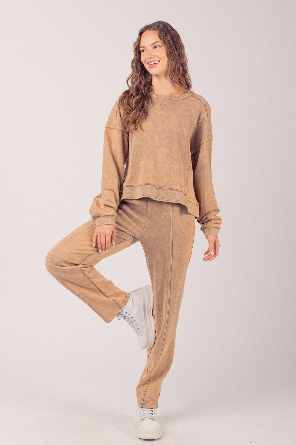 Mineral washed knit top and pant set