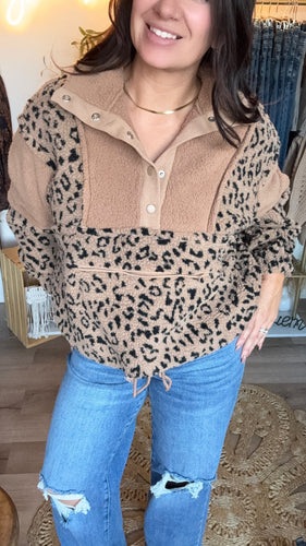 Fleece leopard button front sweater